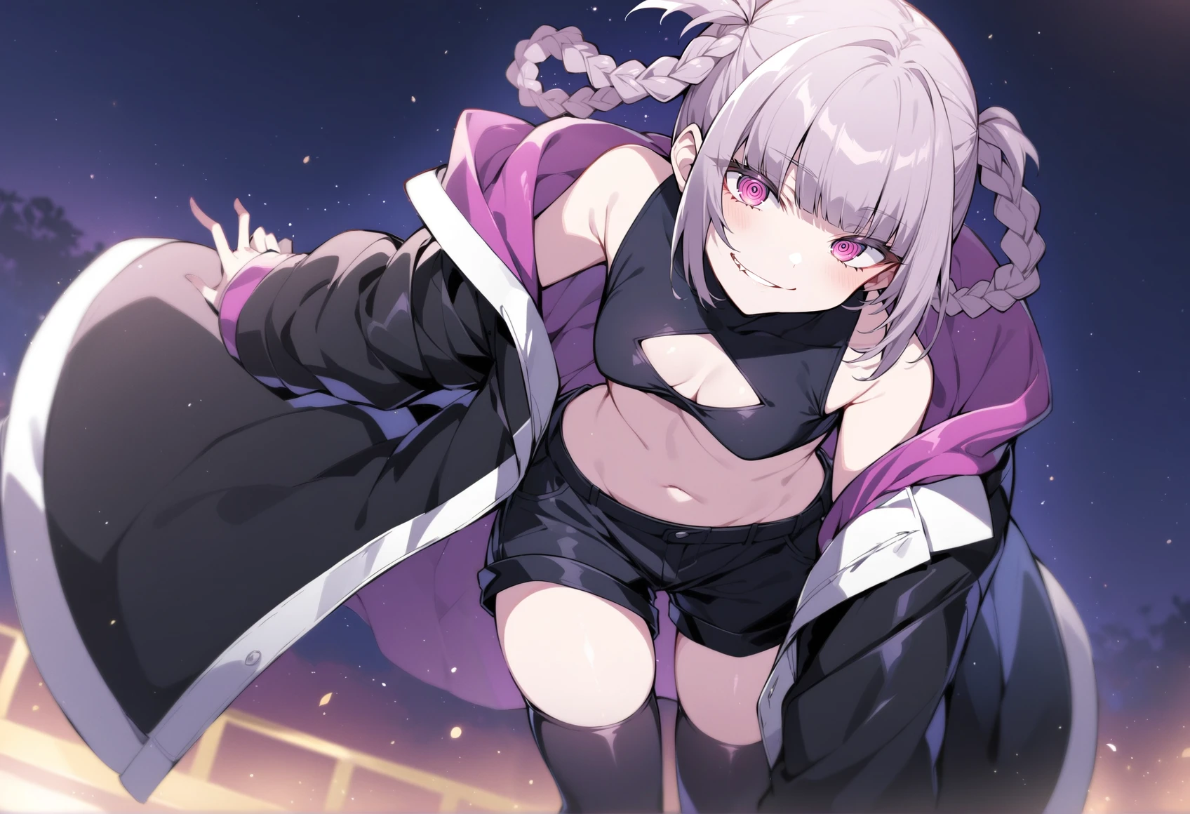 nanakusa_nazuna_xl, nanakusa nazuna \(yofukashi no uta\), anime girl taking off a long black coat, 1girl, sleeveless turtleneck, cleavage cutout, solo, fang, night, off shoulder, shorts, turtleneck, light particles, smirk, blunt bangs, braid, navel, bare shoulders, clothing cutout, crop top, looking at viewer, jacket, black shorts, short shorts, bangs, open fly, sleeveless, ringed eyes, cleavage, black thighhighs,
<lora:nanakua_nazuna_xl:1>