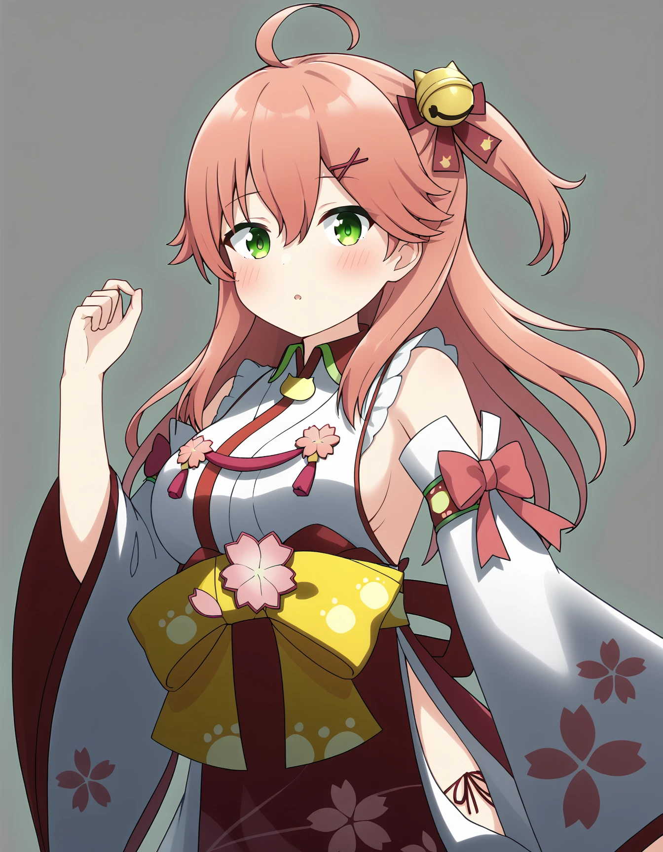 sakura miko,sakura miko \(1st costume\),hololive,1girl ,ahoge ,bare shoulders ,bell ,blush ,breasts ,cherry blossom print ,detached sleeves ,floral print ,green eyes ,grey background ,hair bell ,hair ornament ,long hair ,  <lora:miko:1>