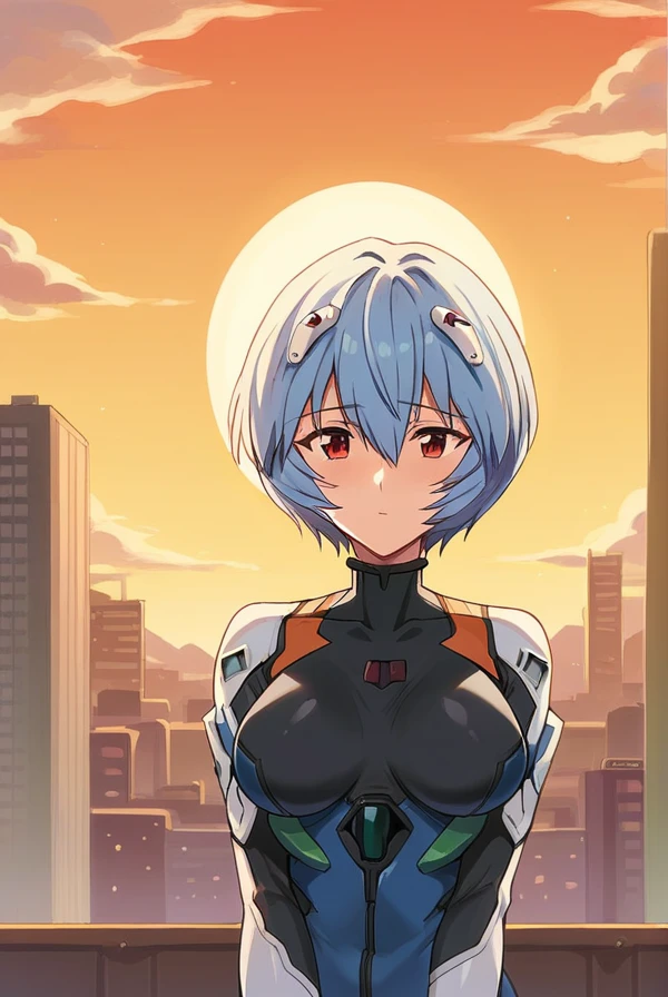 score_9, score_8_up, score_7_up, score_6_up, score_5_up, score_4_up,
BREAK source_anime, 
reiayanami, <lora:rei_ayanami_rebuild-sdxl-lora-nochekaiser:1>,
rei ayanami, blue hair, short hair, red eyes, mature female,
bodysuit, headgear, plugsuit, black bodysuit,
outdoors, cityscape, sun, sky, clouds,
looking at viewer, cowboy shot,