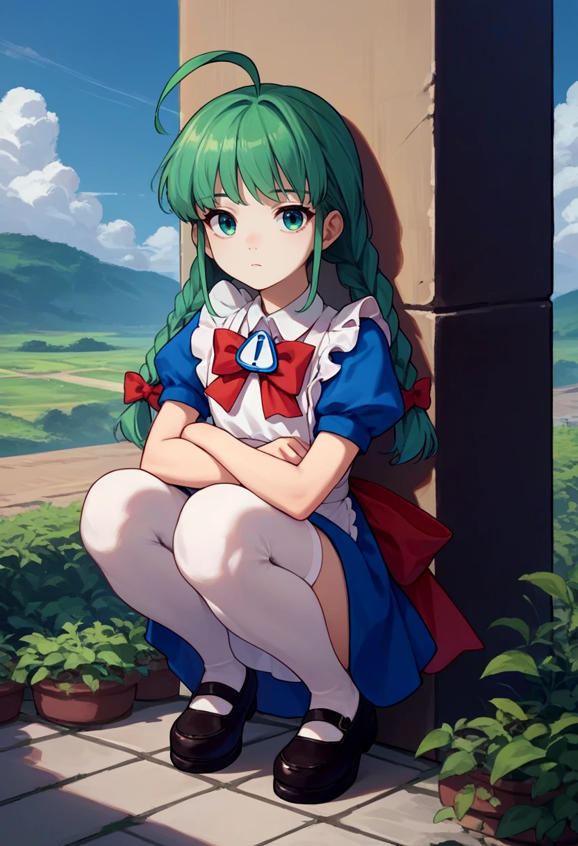 score_9, score_8_up, score_7_up, source_anime, solo, 1girl, me-tan, expressionless, looking at viewer, squatting, ahoge, twin braids, blue dress, red bow, white apron, puffy short sleeves, white thighhighs, mary janes, outdoors <lora:os-tan_me-tan_xl_ponyXL:1>
