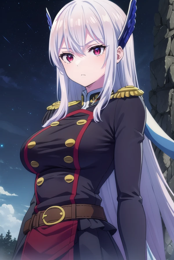 kyoukauzen, <lora:kyouka uzen s1-lora-nochekaiser:1>,
kyouka uzen, long hair, (red eyes:1.3), very long hair, white hair,
BREAK thighhighs, gloves, hat, boots, belt, sword, uniform, zettai ryouiki, military, military uniform, thigh boots, shako cap,
BREAK outdoors, space, starry sky, star \(sky\), moon,
BREAK looking at viewer, (cowboy shot:1.5),
BREAK <lyco:GoodHands-beta2:1>, (masterpiece:1.2), best quality, high resolution, unity 8k wallpaper, (illustration:0.8), (beautiful detailed eyes:1.6), extremely detailed face, perfect lighting, extremely detailed CG, (perfect hands, perfect anatomy),