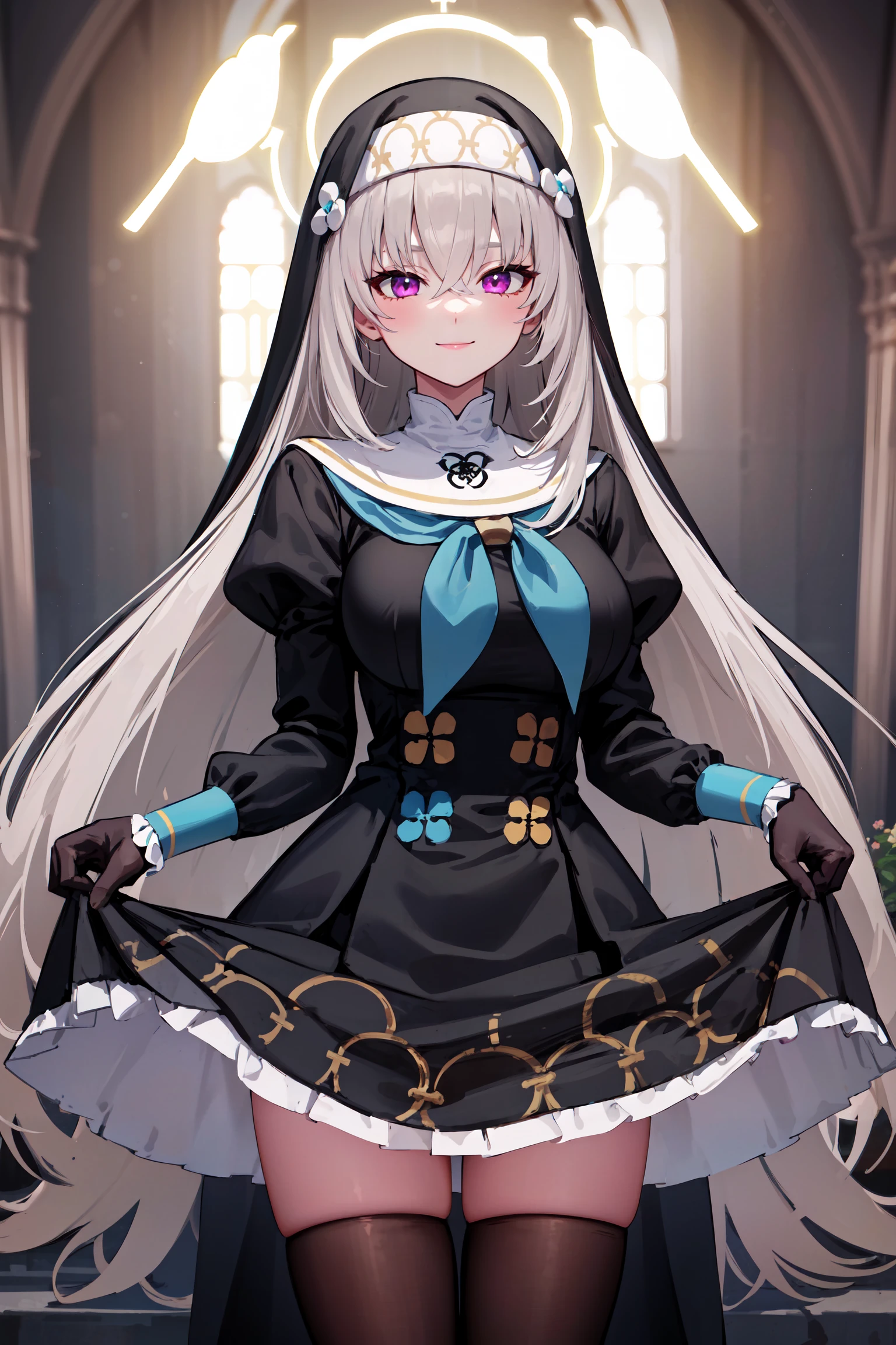 masterpiece, best quality, cowboy shot, looking at viewer, smile, sakurako utazumi, halo, very long hair, nun, habit, blue neckerchief, black dress, puffy long sleeves, black gloves, black thighhighs, dress lift, indoors, church, gothic architecture, <lora:sakurako_utazumi_v1:1>