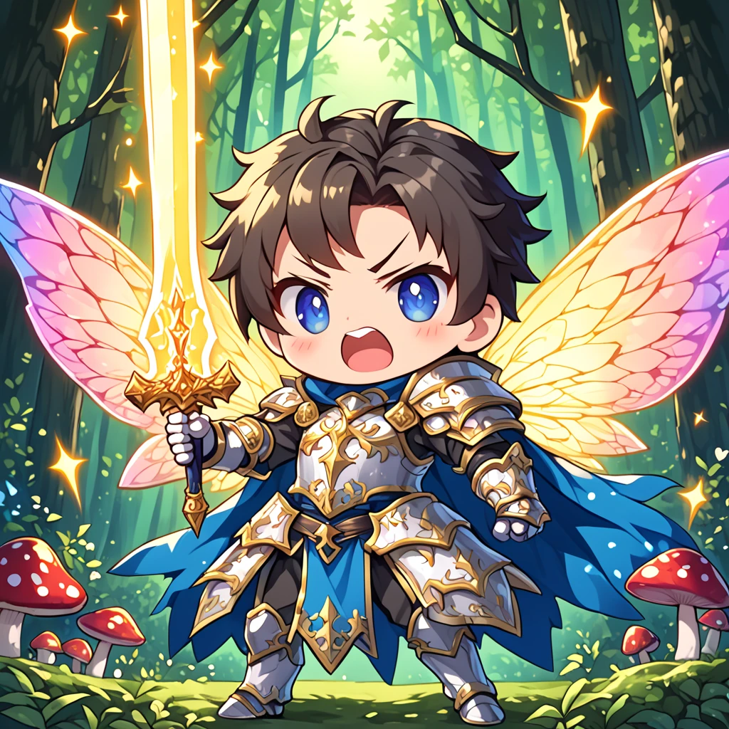 a super cute and angry male chibi knight fairy, angry, beautiful fairy wings, colorful, wearing armor, wielding a glowing sword, magical forest in background, mushrooms, HD, masterpiece, best quality, hyper detailed, ultra detailed, super realistic