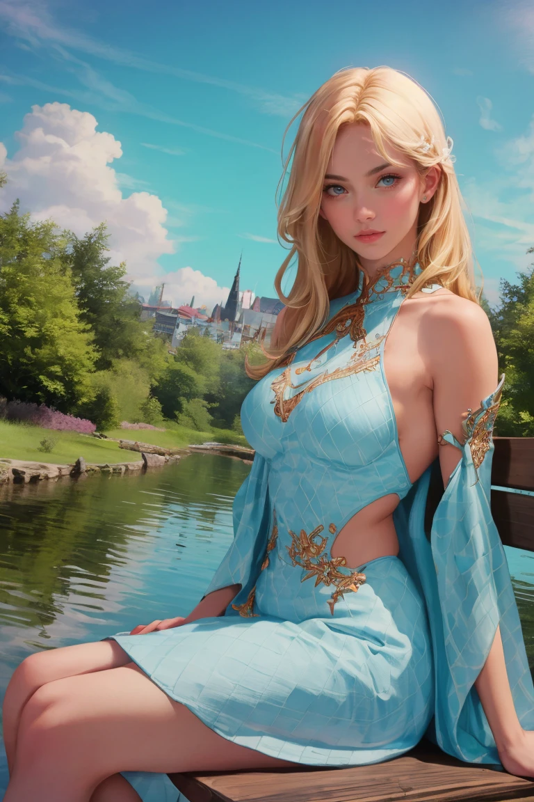 4k, 8k, ultra highres, raw photo in hdr, sharp focus, intricate texture,detailed skin, skin imperfections, realistic, detailed facial features, highly detailed face, posing,perfect lighting,long hair,(blonde hair),petite,sitting on a park bench,park, blue sky, clouds, river,water,<lora:LOAOutfit2:0.7>LOAOutfit2