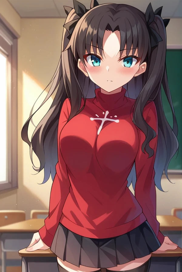 score_9, score_8_up, score_7_up, score_6_up, score_5_up, score_4_up,
BREAK source_anime, 
rintohsaka, <lora:rin_tohsaka_ubw-sdxl-lora-nochekaiser:1>,
rin tohsaka, aqua eyes, black hair, hair ribbon, long hair, ribbon, sidelocks, two side up, parted bangs
black skirt, black thighhighs, long sleeves, miniskirt, pleated skirt, red sweater, skirt, sweater, thighhighs, turtleneck,
indoors, classroom,
looking at viewer, cowboy shot,