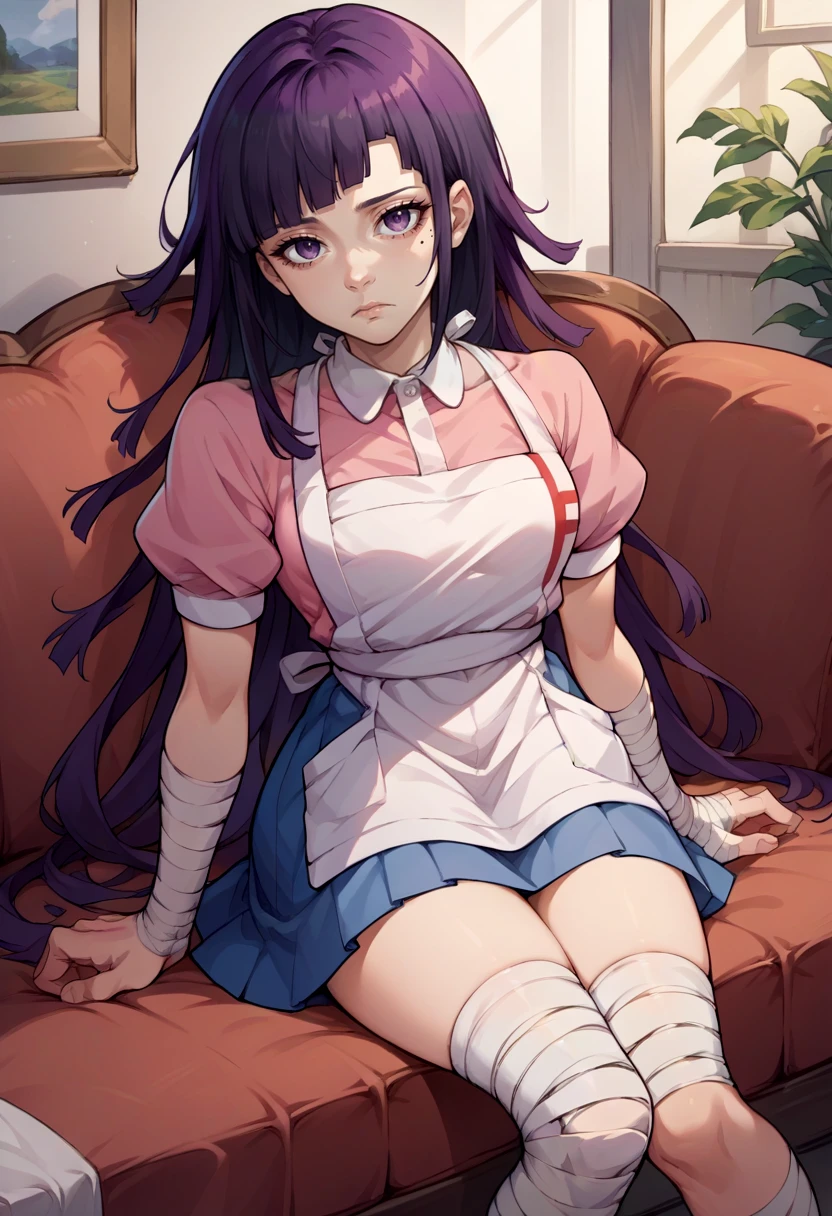 score_9, score_8_up, score_7_up, source_anime, solo, 1girl, tsumiki mikan, expressionless, looking at viewer, sitting, couch, mole under eye, purple hair, pink shirt, puffy short sleeves, white apron, blue skirt, bandaged leg, bandaged arm, indoors <lora:danganronpa2_tsumiki_ponyXL:1>