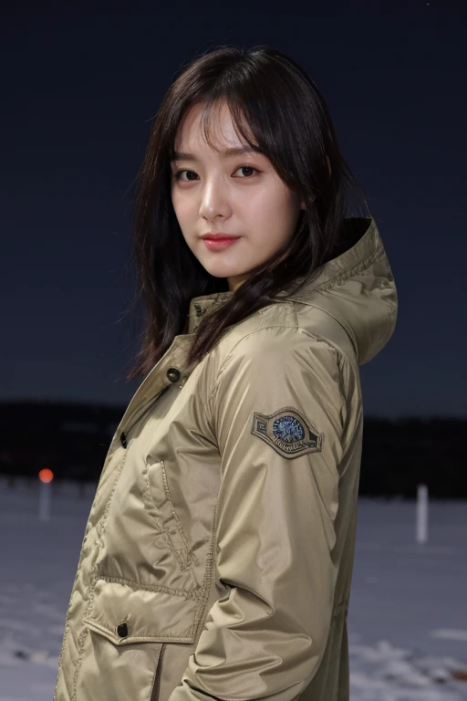 masterpiece, best quality, ultra-detailed, ultra high res, (photorealistic:1.4), raw photo, (realistic:0.2), CG, 8k HDR, cinematic lighting, 1girl, solo, looking at viewer, (winter clothes, padded jacket), outdoor, (snow, snowflakes), night, aurora sky, upper body, lower body, asymmetrical hair, (detailed oily skin, medium breasts:0.8), (detailed face), (detailed background :1.1), closed mouth, hands in pocket,