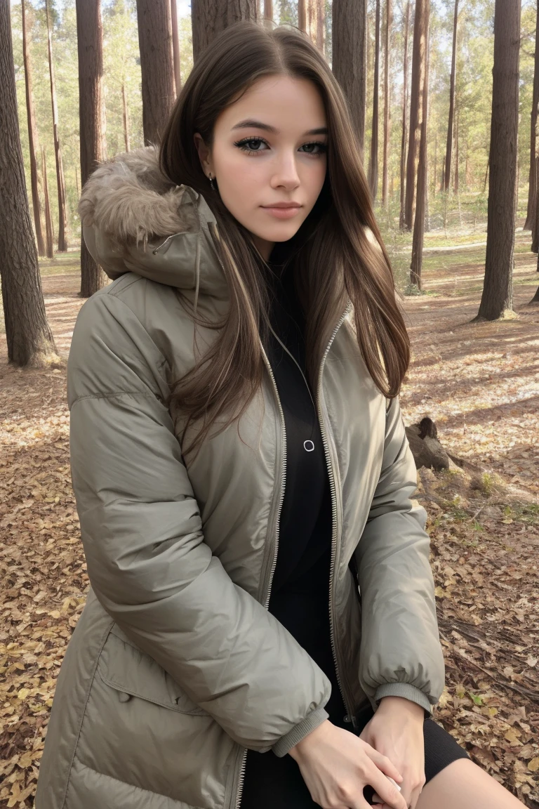 4k, 8k, ultra highres, raw photo in hdr, sharp focus, intricate texture, skin imperfections, realistic, detailed facial features, highly detailed face, posing,perfect lighting,long hair,sitting,detailed background,forest,trees,path,winter coat,puffy jacket,<lora:MichelleLuna1:0.7>MichelleLuna1