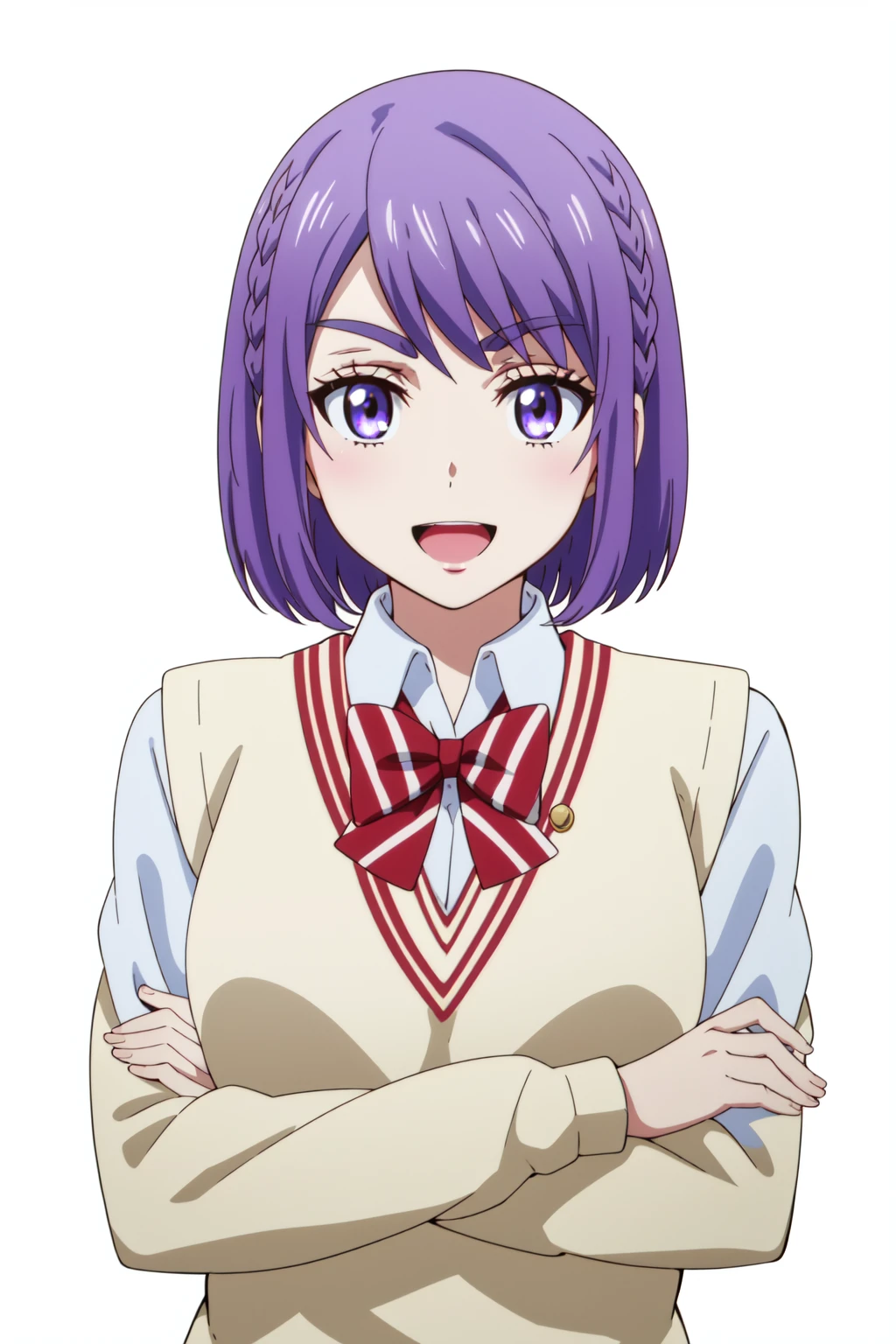 <lora:anime_screencap_v2:0.3>
portrait, solo focus, solo, close-up, (white background, plain background, simple background:1.3),
<lora:yamada_purple-03:0.8> yamada_purple, 1girl, solo, school uniform, short hair, purple hair, purple eyes, crossed arms, smile, sweater vest, looking at viewer, open mouth, braid, bow
