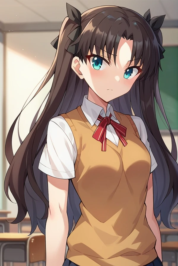 score_9, score_8_up, score_7_up, score_6_up, score_5_up, score_4_up,
BREAK source_anime, 
rintohsaka, <lora:rin_tohsaka_ubw-sdxl-lora-nochekaiser:1>,
rin tohsaka, aqua eyes, black hair, hair ribbon, long hair, ribbon, sidelocks, two side up, parted bangs
brown sweater vest, collared shirt, homurahara academy school uniform, neck ribbon, red ribbon, ribbon, school uniform, shirt, sweater vest, white shirt,
indoors, classroom,
looking at viewer, cowboy shot,