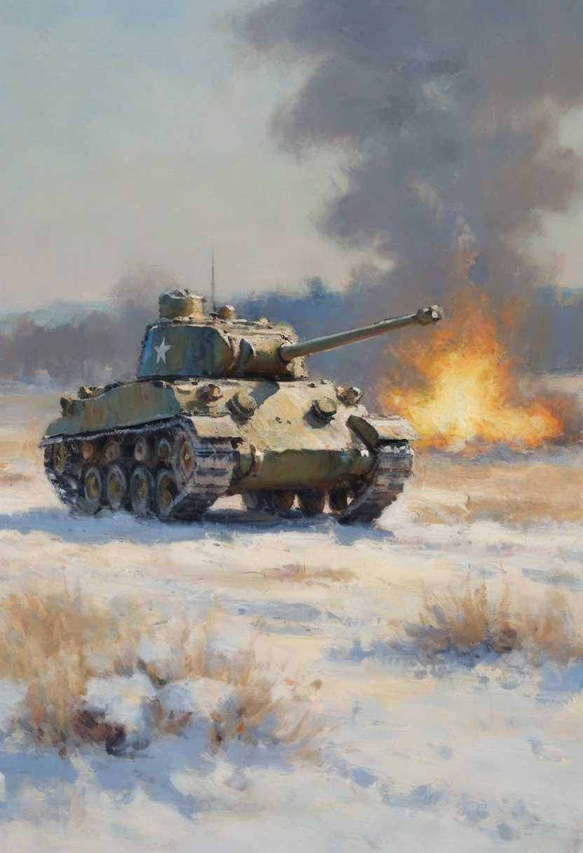 impressionist painting of a sherman tank on a flat winter field with distant explosions old world war scene