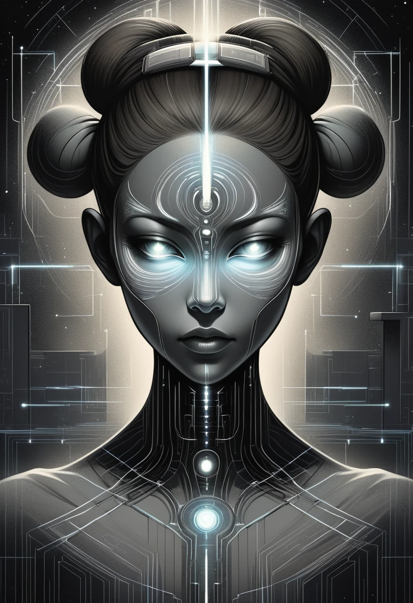 DonMN01rXL 2D illustration female neural interface surgeon, energy being- entities composed of radiant, luminous energy, taking on ethereal, luminescent forms, adolescence, broad-shouldered, indigenous australian, brown eyes,   u-shaped chin,  symmetrical cheeks,  pear face shape, elegant neckline,  , grey space buns hair, nervousness,
 assumed position for advanced hand-to-hand combat.,
  wearing  ar mesh leggings, taupe sonic soundwave jacket, microchip oxfords,  , sitting cross-legged, attuning to the vastness of the universe. ,  <lora:DonMN01rXL-000008:0.8>