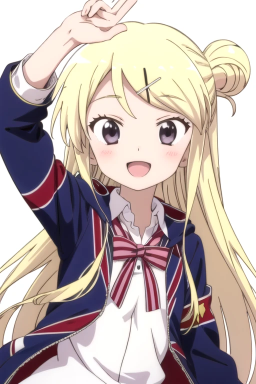 solo, 1girl, looking at viewer, 2D, anime, anime coloring, upper body, (solid white background:1.3), <lora:karen-kinmoza-01:0.8>, karen kujou, school uniform, jacket, union jack, looking at viewer, smile, :d