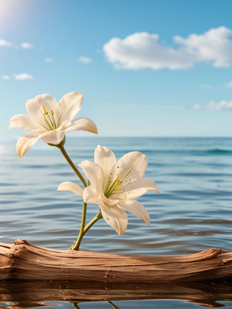 (Best quality,masterpiece:1.2), <lora:DSchangjing-000015:0.5>, RAW photo, dslr, film grain, Fujifilm XT3, Screen Space Refraction,
Photography\(environment\), realistic,lily \(flower\),
outdoors,driftwood, water, day, ocean, flower, white flower, sky, blue sky,
still life, horizon, scenery, blurry background, blurry, depth of field, no humans,