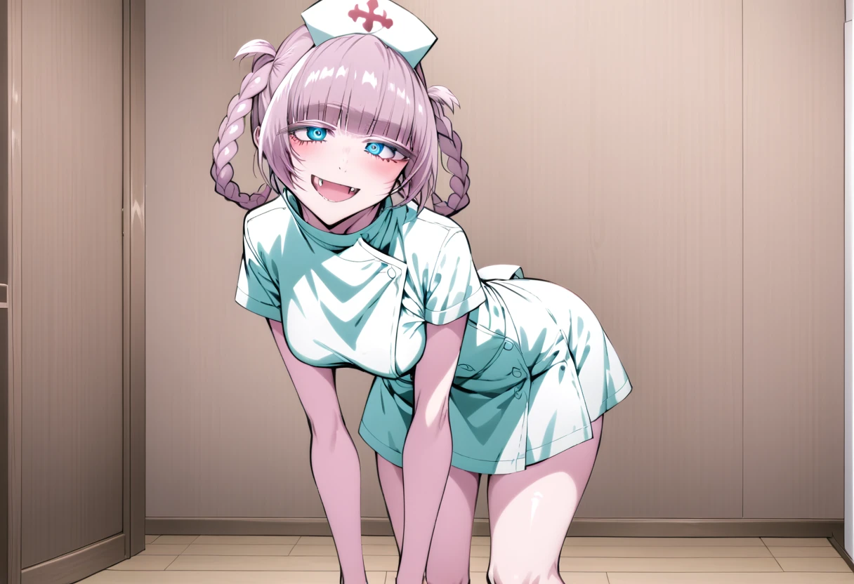 score_4, score_5, score_6, score_9, score_8_up, score_7_up, source_anime, nazunaxl, nurse, nurse cap, braided hair rings, purple hair, blue eyes, hair rings, dress, short sleeves, ringed eyes, breasts, blunt bangs, purple hair, white dress, pov, selfie, pussy naked, riding in a cock, malicious face, cock, cock riding, sex, smile, hospital, indoors, looking at viewer, fang, fine anime screencap_xl, anime_screencap