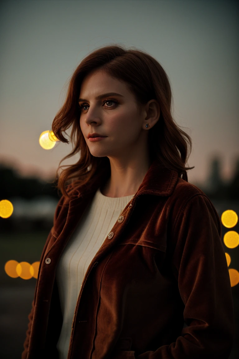<lora:sarah rafferty:1.4> s4r4h, woman, Corduroy Jacket, Faded Film, Still Frame Photography, radial balance, Backlighting with fairy lights for a dreamy effect (Fairy Lights Backlight).