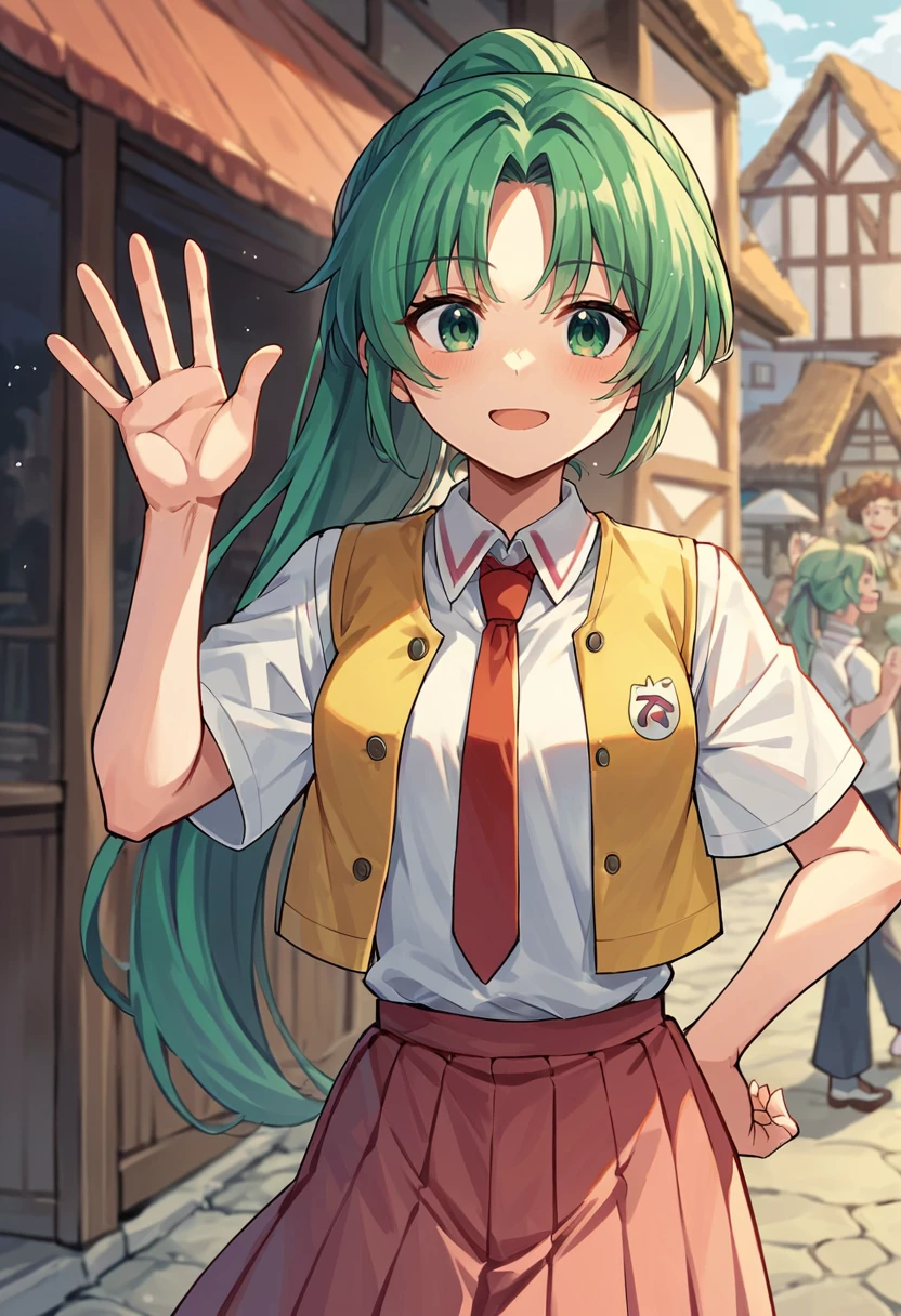 score_9, score_8_up, score_7_up, score_6_up, score_5_up, score_4_up, source_anime, Mion Sonozaki, green eyes, ponytail, white shirt, red necktie, yellow vest, red skirt, waving, village, dusk, <lora:MionPonyN-000016:1>,