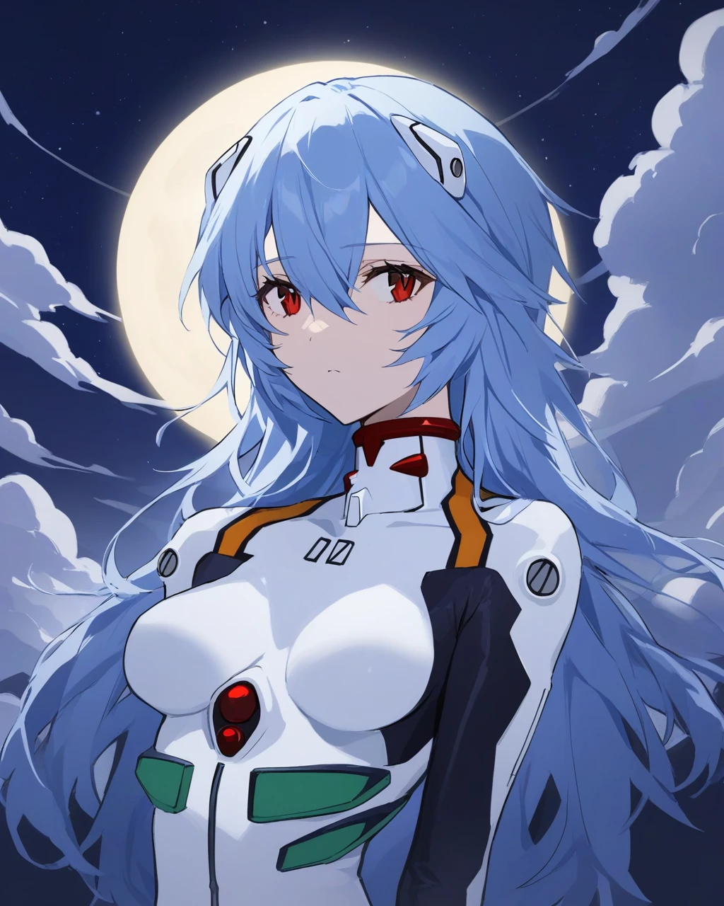 masterpiece,best quality,bracer, science_fiction, official_alternate_hairstyle, night_sky, closed_mouth, gloves, sky, looking_afar, cloud, neon_genesis_evangelion, pale_skin, 1girl, rebuild_of_evangelion, looking_to_the_side, solo, ayanami_rei, lunar_eclipse, night, medium_breasts, expressionless, eclipse, white_bodysuit, breasts_apart, bodysuit, upper_body, backlighting, starry_sky, moonlight, plugsuit, outdoors, hand_up, slit_pupils, official_alternate_hair_length, full_moon, star_(sky), turtleneck, evangelion:_3.0+1.0_thrice_upon_a_time, interface_headset, sidelocks, frown, moon, hair_over_one_eye, breasts, pilot_suit