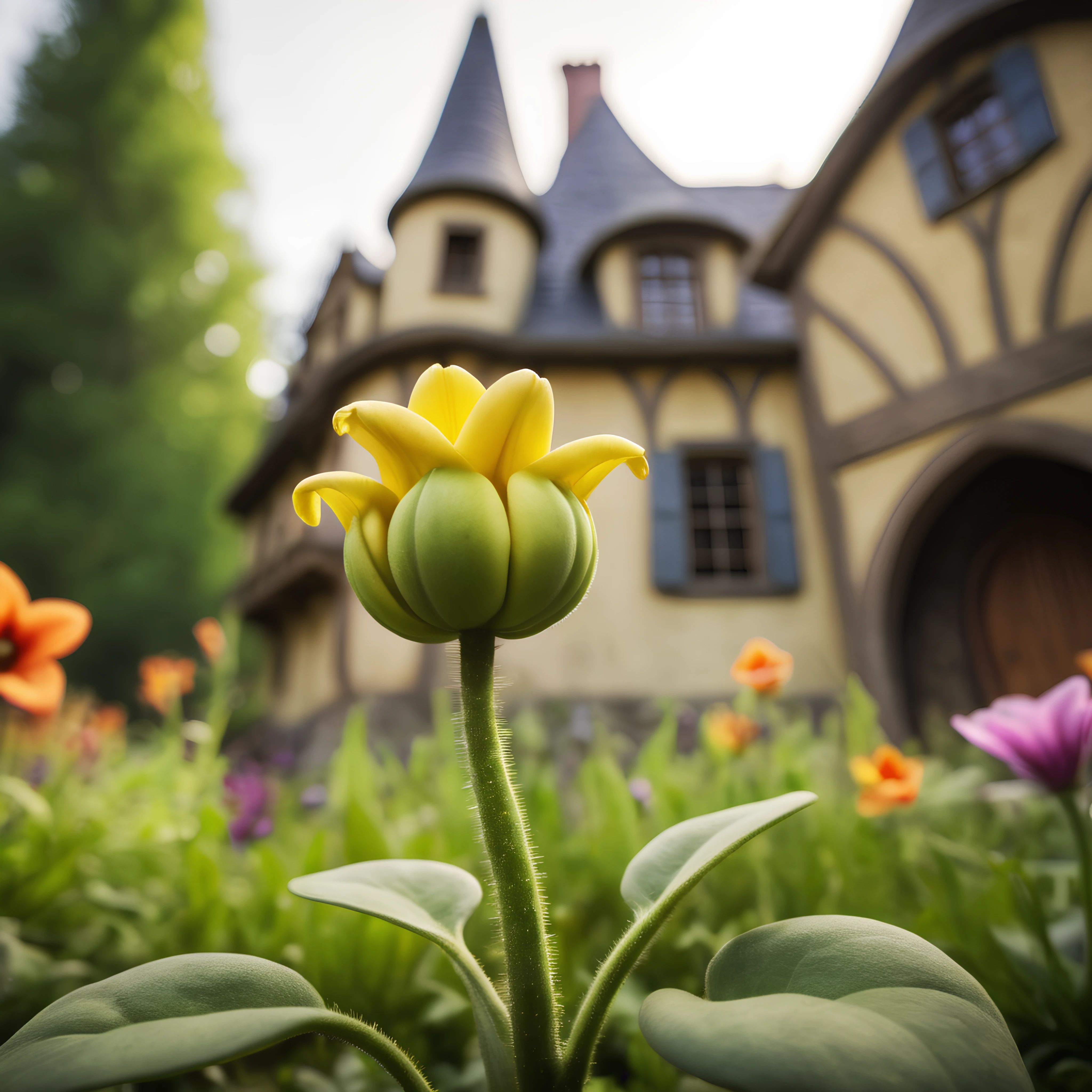 professional macro photo of a beautiful flower, view from bottom, shrek's house in the blurry background, cinematic, high detail, masterpiece, hero, DSLR photo, high details, masterpiece, epic, cinematic, dynamic, movie poster, pixar style