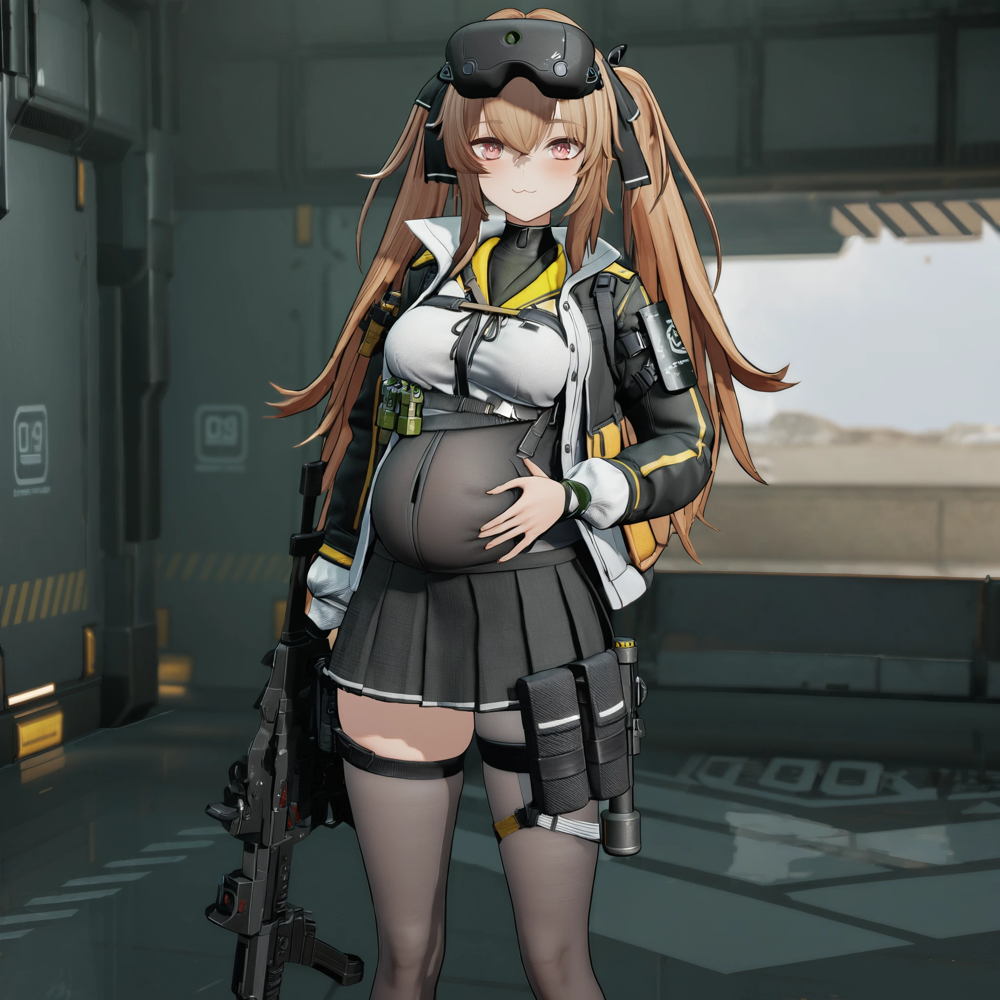 masterpiece, best quality, ump9 \(girls' frontline\), twintails, :3, pregnant, cleavage, looking at viewer, scar across eye, 3d style, hand on stomach, black skirt, pantyhose, submachine gun, <lora:z_girls' frontline_ump9_xl:0.8>