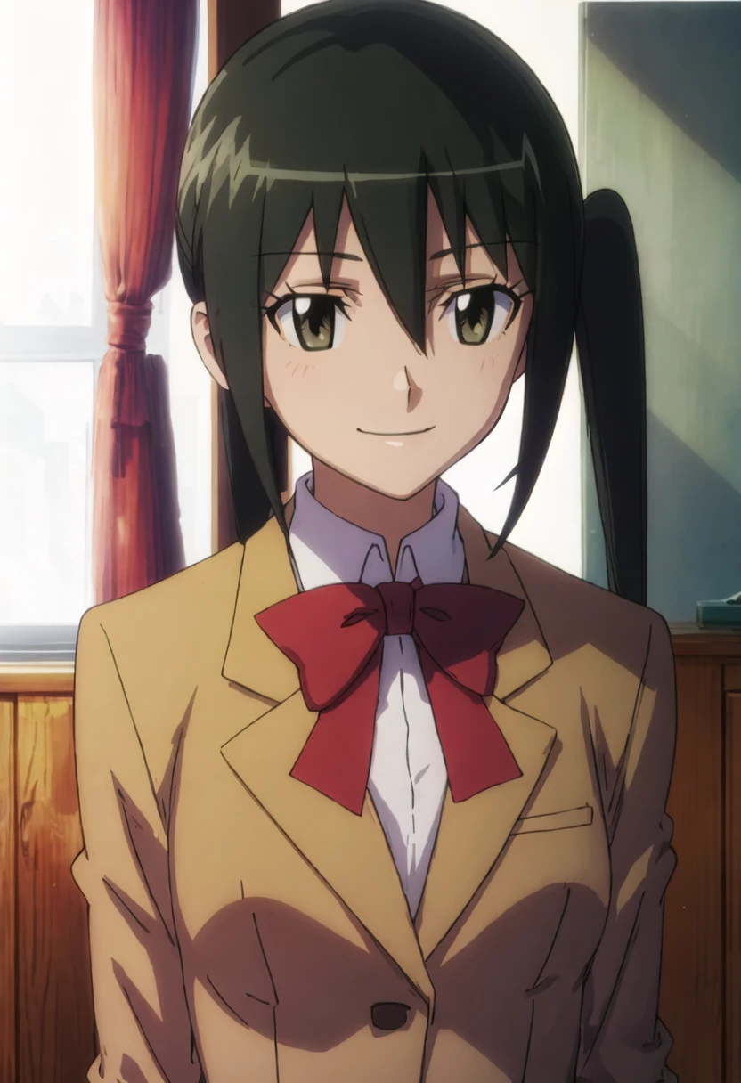 best quality, masterpiece, highres, solo, {mitsuba_mutsumi_seitokaiyakuindomo:0.90}, 1girl, blazer, school_uniform, smile, bow, twintails