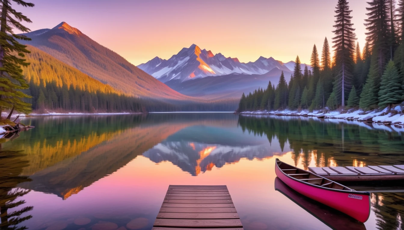 Serene mountain landscape, sunset, crystal-clear lake foreground, sky reflection, vibrant colors: oranges, pinks, purples. Snow-capped peaks, background. Dense pine forest, mountain base. Wooden dock extends into lake, near shore. Single canoe tied to dock, water bobbing. Warm glow over scene.