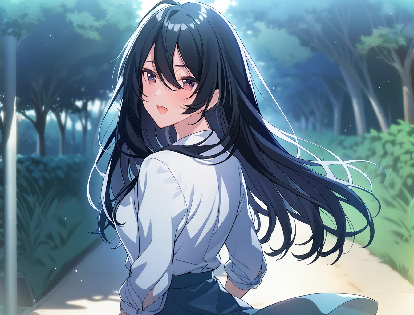 1girl,houjo chihaya,dress shirt,looking at viewer,outdoors,floating hair,looking back,shiny hair,from behind,masterpiece,open mouth,happy,blush,solo,best quality,game cg,(beautiful eyes:1.3),<lora:HoujoChihayaXL:1>,