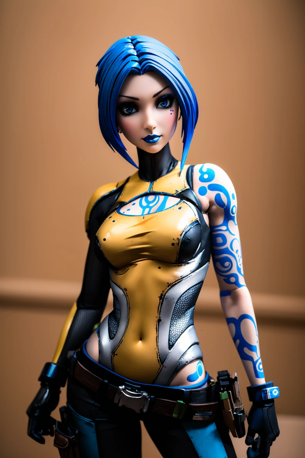 masterpiece, best quality, 1girl, solo, looking at viewer, breasts, <lora:mayabl2-guy-v3:.95>, mayabl2, tattoo, makeup, blue lips, gloves, bodysuit, belt, pants, abstract background, doll joints,