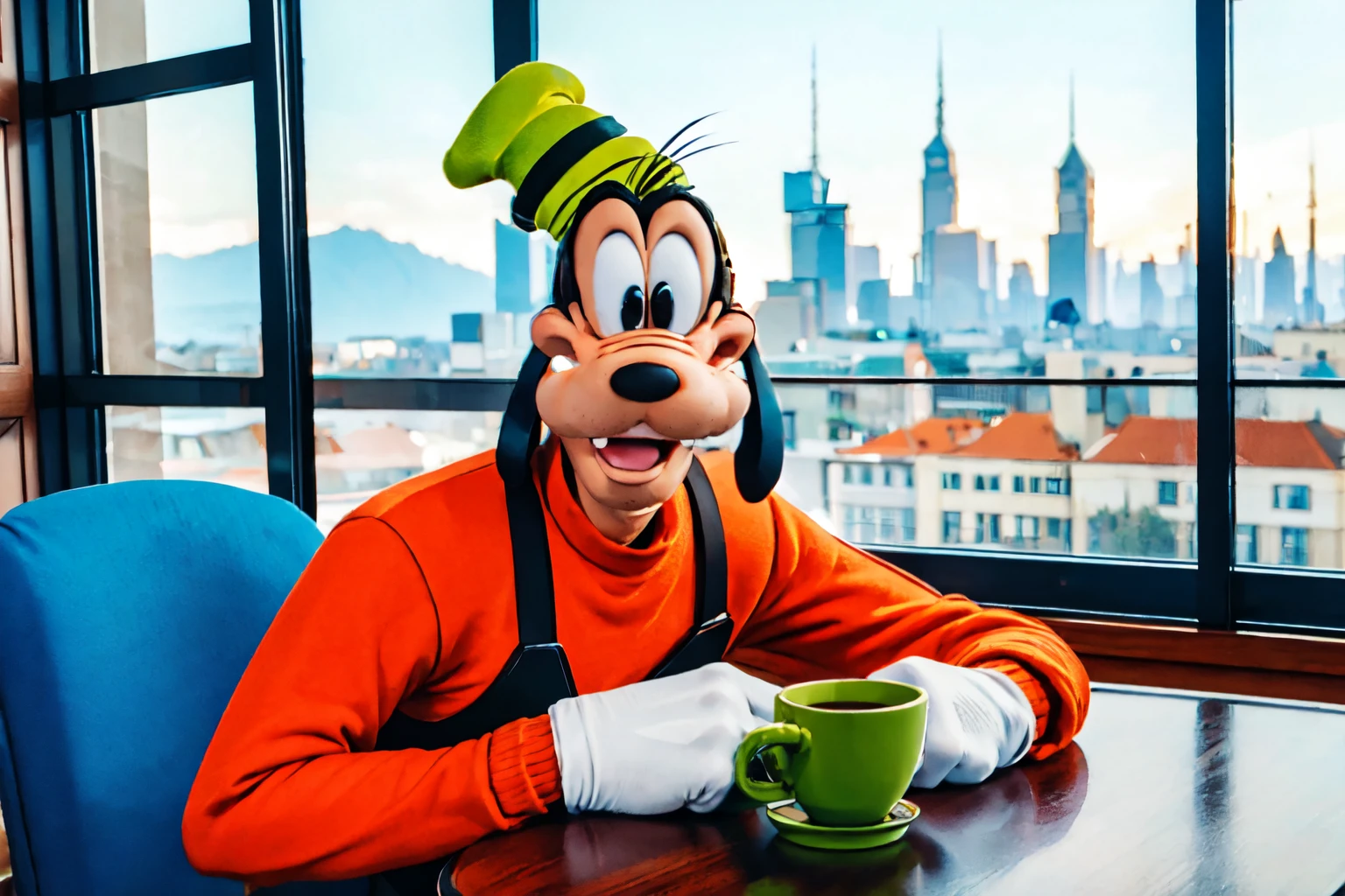 , sitting on a  chair behind a table  in a cafe holding a cup of tea, indoor,  city in background,high detail skin, high detail eyes, high detail hair, highres, ultra detailed, sharpen picture, Highly detailed, masterpiece, best quality, photorealistic,
<lora:GoofyLoRA:1> 1boy, buck teeth, gloves, green hat, orange sweater,  black vest, blue pants, shoes