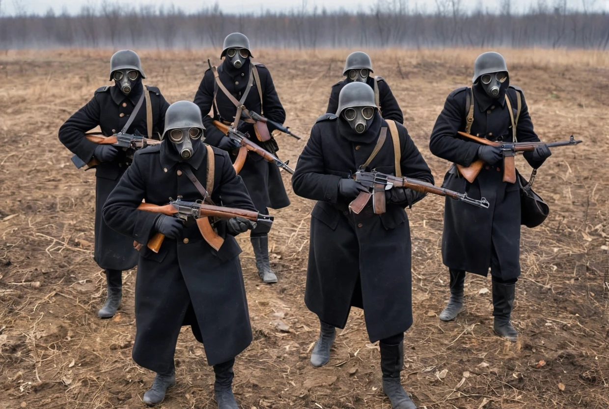 photo of russian soldiers wearing black ww1 gas masks and black helmets and black leathercoats holding ak47 rifles, fighting in the battlefield in war in russia