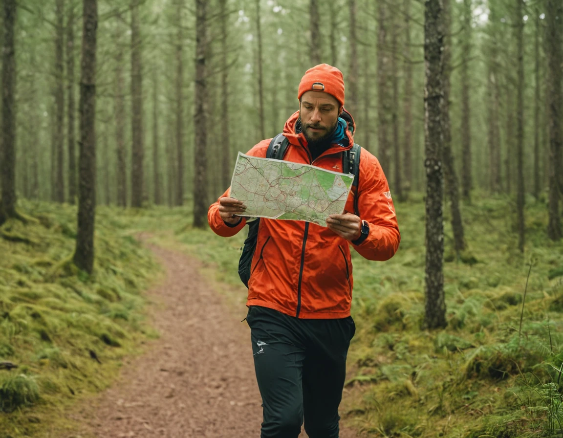 man holding a small orenteering map, wearing sportswear, running in a swedish forest