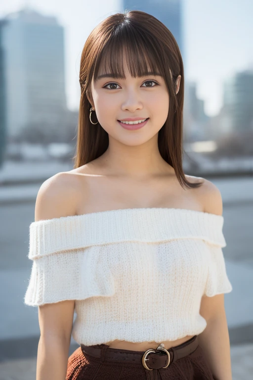 1girl, (off-shoulder knit top:1.4),(RAW photo, best quality:1.4), (realistic, photo-realistic:1.4), masterpiece, an extremely delicate and beautiful, extremely detailed, 2k wallpaper, Amazing, finely detail, extremely detailed CG unity 8k wallpaper, ultra-detailed, highres, soft light, beautiful detailed girl, extremely detailed eyes and face, beautiful detailed nose, beautiful detailed eyes,cinematic lighting,(blurry,bokeh backgound:1.6),(night, city:2.2),perfect anatomy,(slender body:1.4),(close up face:1.8),(smile,Friendly, warm:1.6),(looking at viewer:1.8),(japanese idol:1.4), (brown hair:1.6), (brown eyes:1.4),(cleavage:0.8), (standing:1.8), <lora:emoriaya_lora-10:0.8>