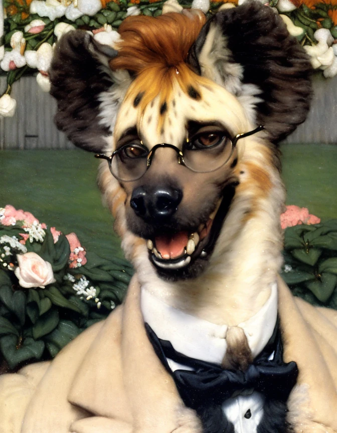 A portrait of happy (anthro:1.25) (hyena:1.1) wearing glasses smiling (laughing:1.25) by Lawrence_Alma_Tadema by Jacques_Joseph_Tissot by Lord_Leighton, (by _alter:1.0), (1male:1.1), long hairy ears, spiky orange hair, white satin suit, (furry:1.25), face, garden background, close up, contemporary art, flowers, bow tie
