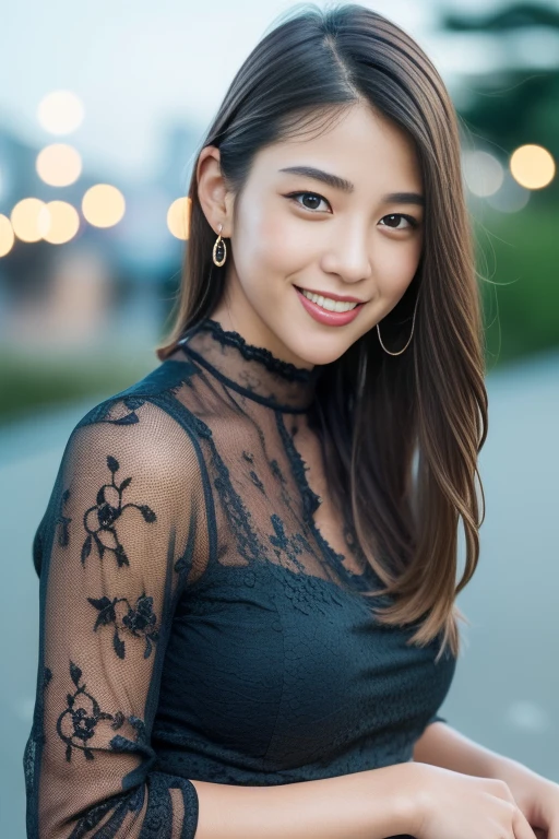 1girl,(RAW photo, best quality), (realistic, photo-realistic:1.4), masterpiece, an extremely delicate and beautiful, extremely detailed, 2k wallpaper, Amazing, finely detail, extremely detailed CG unity 8k wallpaper, ultra-detailed, highres, soft light, beautiful detailed girl, extremely detailed eyes and face, beautiful detailed nose, beautiful detailed eyes,cinematic lighting,perfect anatomy,slender body,smiling 
city lights at night,at a train station in tokyo,(bokeh)
wearing blouse and skirt
 <lora:okazoemaki_lora:0.8>