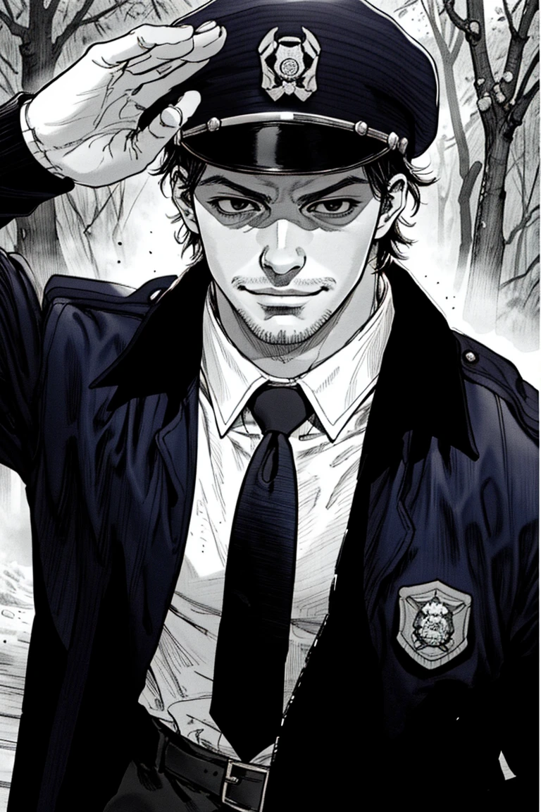 (1 image only), solo male, Agawa Daigo, Gannibal, Asian ,Japanese, black hair, short hair, thin stubble, black eyes, policeman, white collared shirt, dark blue necktie, black jacket, long sleeves, black sleeves, (buttoned up jacket), dark blue pants, black shoes, police peaked cap,((salute, hand adjusting cap)), mature, handsome, charming, alluring, perfect anatomy, perfect proportions, rural, pastoral, forest, creep, suspense, horror, bloody, manga, greyscale, monochrome, (manga brushwork style, traditional drawing), (portrait, close-up), looking_at_viewer, smirk, upperbody, HORROR,boichi manga style,<lora:EMS-304048-EMS:0.700000>,<lora:EMS-210120-EMS:0.300000>,<lora:EMS-13606-EMS:0.600000>