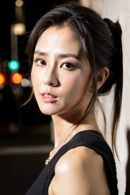 Best quality,masterpiece,ultra high res,(photorealistic:1.2),1girl,in the dark,deep shadow,low key,slim body,undone hair,taipei street alley,dynamic pose,face closeup,(cleavage:0.3),medium breasts,<lora:amanda_chou:0.9>,brown hair,ponytail,
