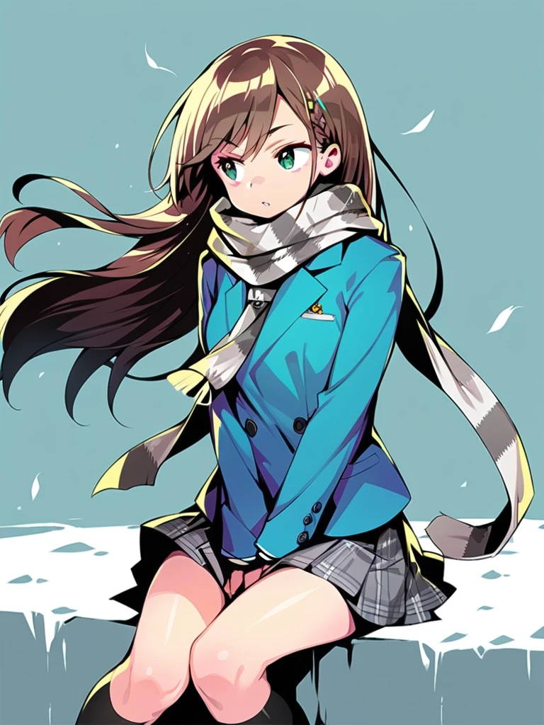 <lora:xl_dohna_dohna_style(pony)-000008:1>,dohna dohna style,1girl, solo, scarf, skirt, long hair, brown hair, sitting, coat, pleated skirt, kneehighs, wind, long sleeves, between legs, hand between legs, school uniform, grey skirt, floating hair, grey scarf, black legwear, socks, looking away, white scarf, grey legwear, looking to the side, buttons, score_9,_up score_8_up,up score_7_up,up score_6_up,