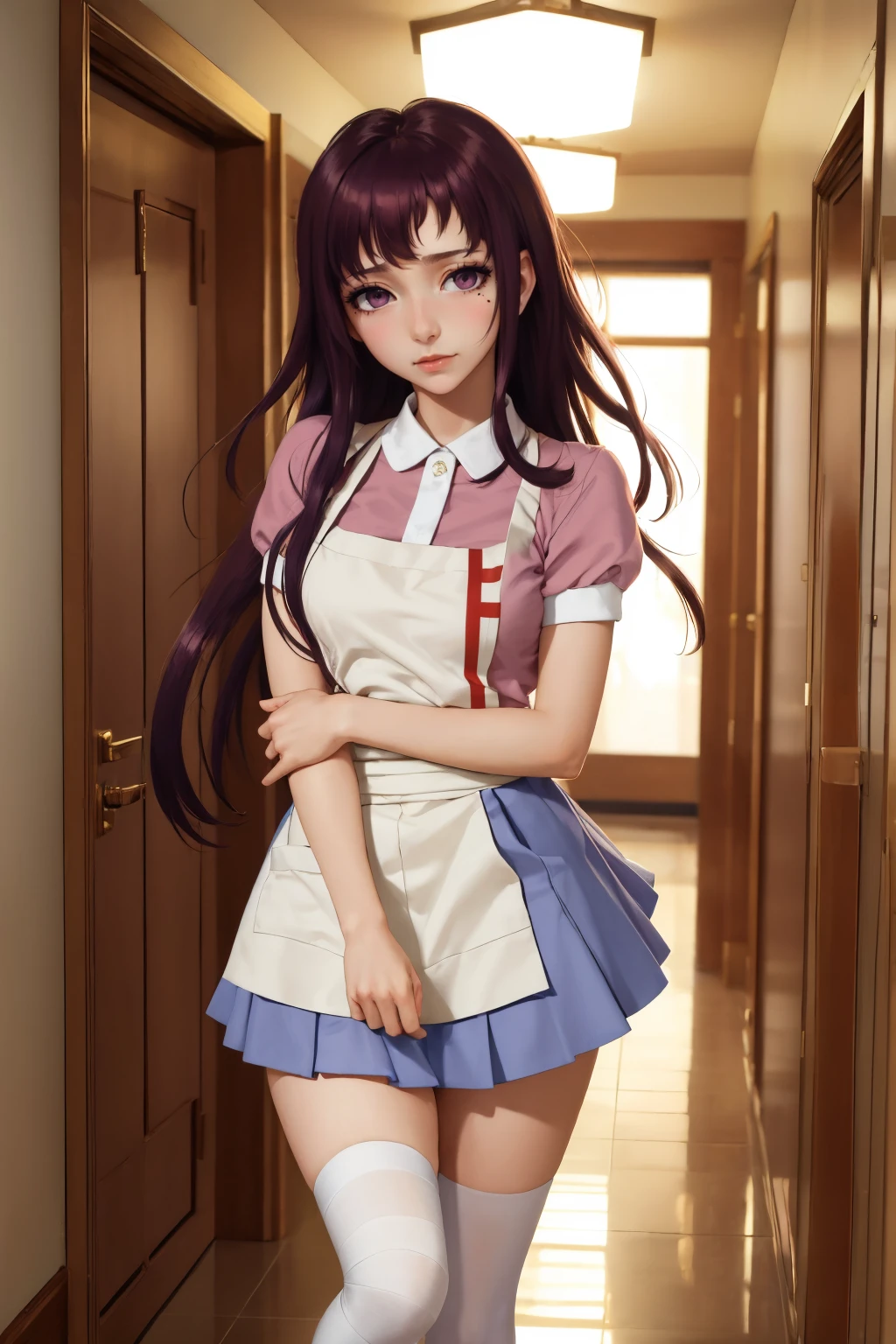 (masterpiece, best quality:1.2), solo, 1girl, tsumiki mikan, expressionless, looking at viewer, hand on own arm, mole under eye, purple hair, pink shirt, puffy short sleeves, white apron, blue skirt, bandaged leg, bandaged arm, indoors, hallway <lora:danganronpa2_tsumiki:1> <lora:concept_handonownarm-11:1>