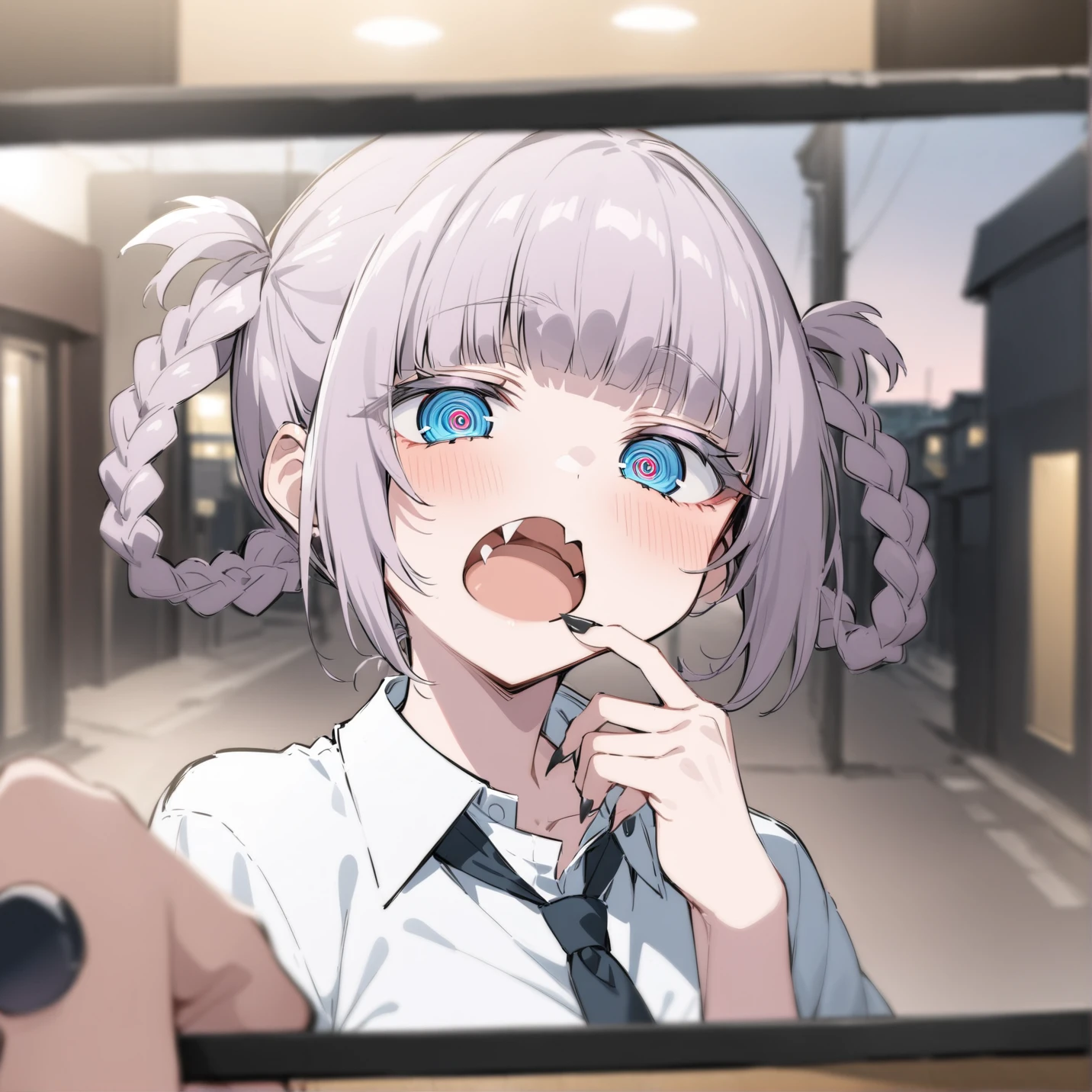 nanakusa_nazuna_xl, nanakusa nazuna \(yofukashi no uta\), anime girl with pigtails and a white shirt and tie, mouth hold, finger in own mouth, blurry foreground, blurry background, blurry, depth of field, photo background, motion blur, 1girl, blunt bangs, hair rings, solo, braid, open mouth, fang, ringed eyes, blue eyes, bangs, building, twintails, black nails, nail polish,
best quality, (masterpiece:1.2), highly detailed,
<lora:nanakua_nazuna_xl:1.2> <lora:SDXL_oral_v1:0.5>