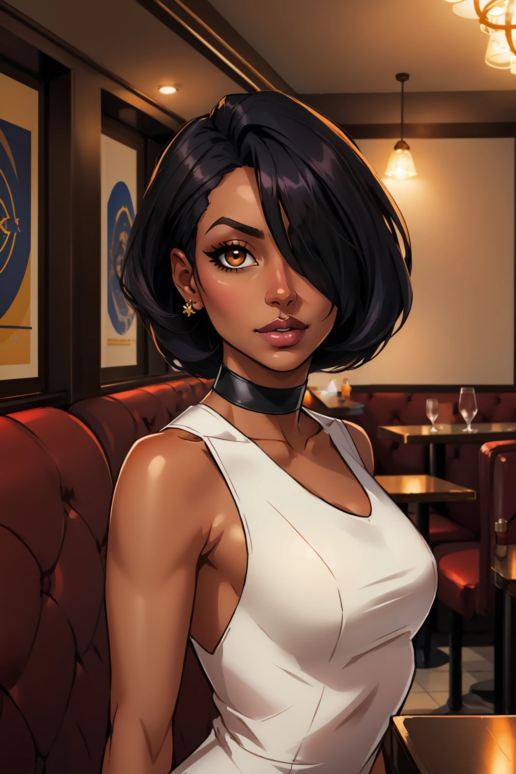 masterpiece, best quality, 1girl, solo, looking at viewer, <lora:nishabl2-guy-v3:.8>, nishabl2, lipstick, hair over one eye, choker, makeup, dark skin, dress, indoors, restaurant, depth of field,
