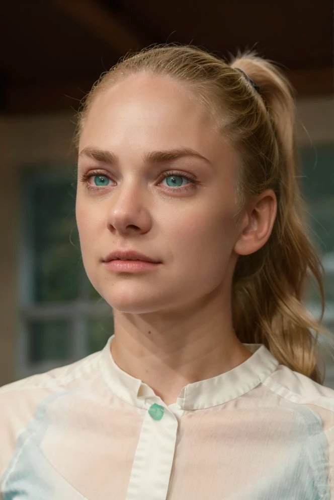 <lora:Banini:0.9> banini_v1, RAW photo, 8k uhd, dslr, high quality, film grain, Fujifilm XT3, blonde hair, pale green eyes, hair pulled back in a pony tail, (((super detailed face))), detailed eyes, pale skin, detailed hands, detailed skin, perfect breasts, white shirt, blue jeans, medium close-up shot