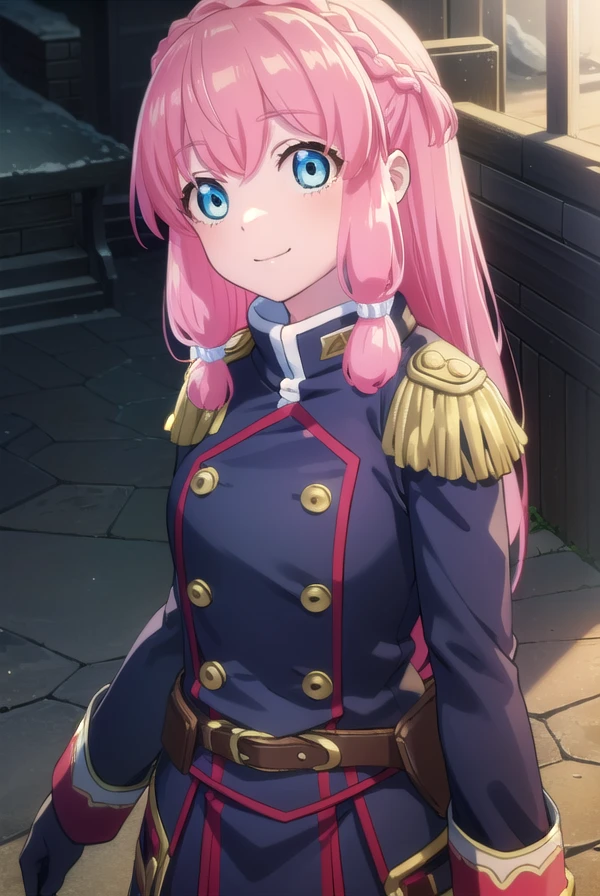 neiookawamura, <lora:nei ookawamura s1-lora-nochekaiser:1>,
nei ookawamura, long hair, blue eyes, hair ornament, pink hair, braid, smile,
BREAK gloves, boots, belt, skirt, uniform, military, military uniform, epaulettes,
BREAK outdoors, space, starry sky, star \(sky\), moon,
BREAK looking at viewer, (cowboy shot:1.5),
BREAK <lyco:GoodHands-beta2:1>, (masterpiece:1.2), best quality, high resolution, unity 8k wallpaper, (illustration:0.8), (beautiful detailed eyes:1.6), extremely detailed face, perfect lighting, extremely detailed CG, (perfect hands, perfect anatomy),