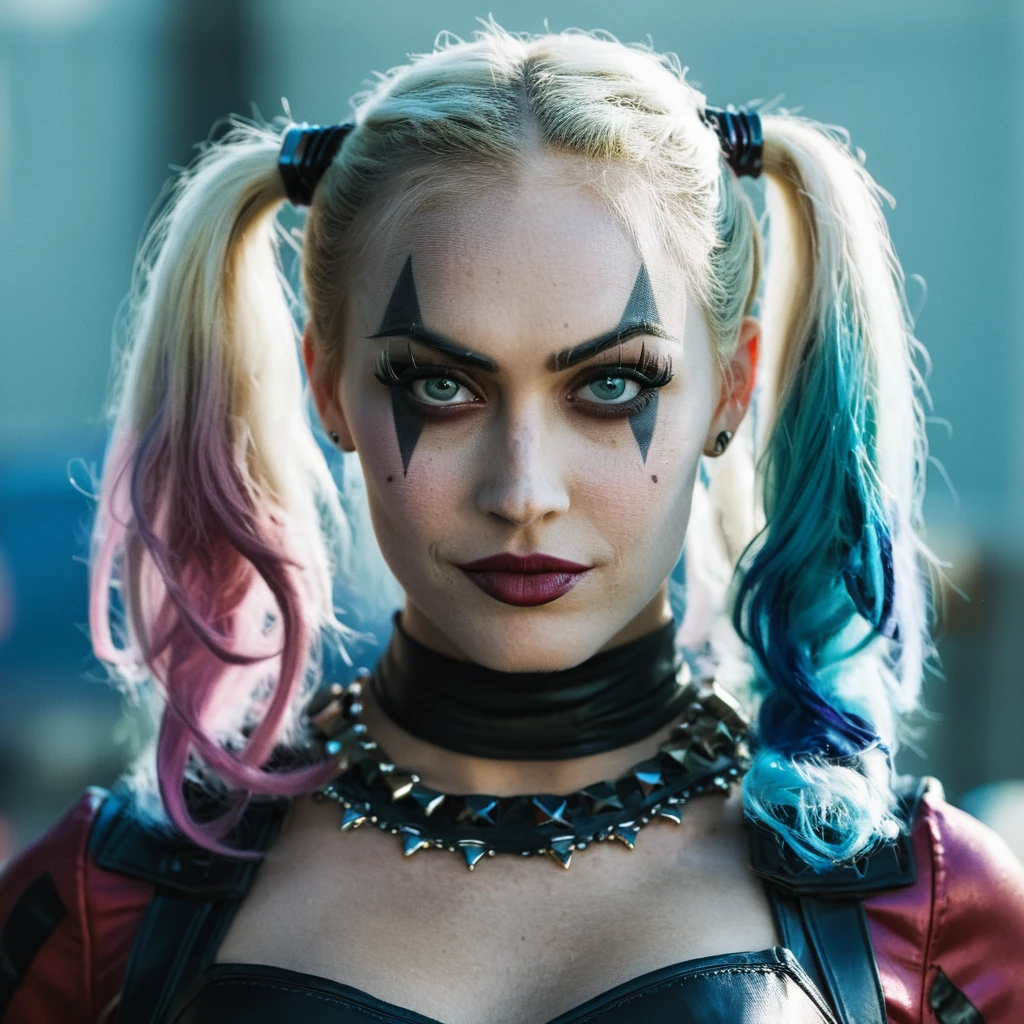 High res closeup portrait photo of a stunning actress dressed as Harley Quinn, f /2.8, Canon, 85mm,cinematic, high quality, skin texture, looking at the camera,    <lora:megfox_xl_1_standard_merger_23_41_07_03:1>