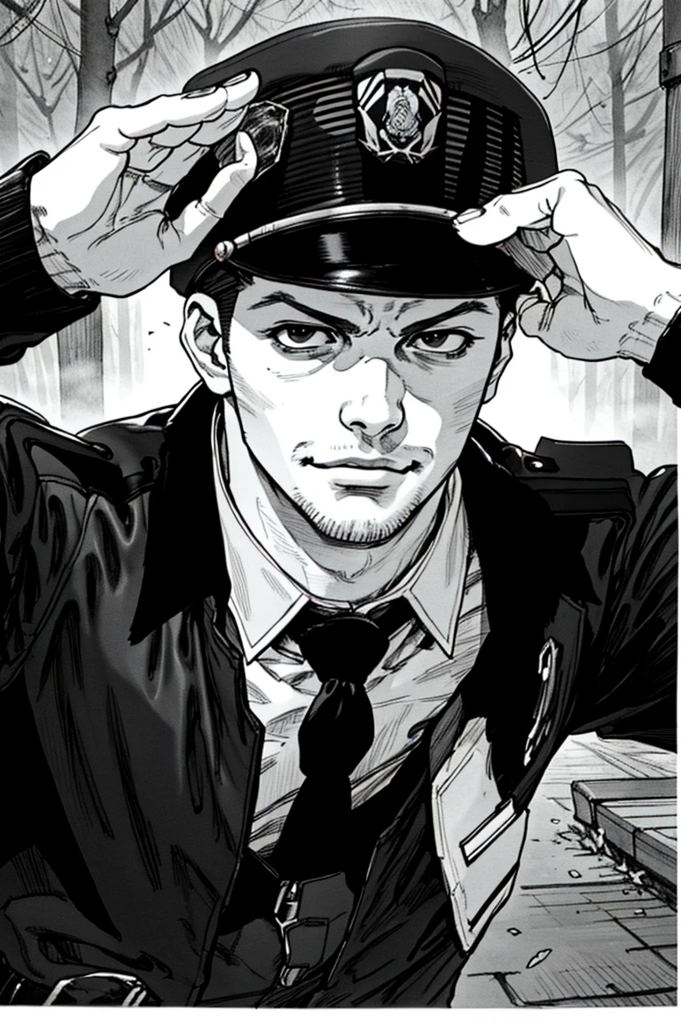 (1 image only), solo male, Agawa Daigo, Gannibal, Asian ,Japanese, black hair, short hair, thin stubble, black eyes, policeman, white collared shirt, dark blue necktie, black jacket, long sleeves, black sleeves, (buttoned up jacket), dark blue pants, black shoes, police peaked cap,((salute, hand adjusting cap)), mature, handsome, charming, alluring, perfect anatomy, perfect proportions, rural, pastoral, forest, creep, suspense, horror, bloody, manga, greyscale, monochrome, (manga brushwork style, traditional drawing), (portrait, close-up), looking_at_viewer, smirk, upperbody, HORROR,boichi manga style,<lora:EMS-304048-EMS:0.700000>,<lora:EMS-210120-EMS:0.300000>,<lora:EMS-13606-EMS:0.600000>