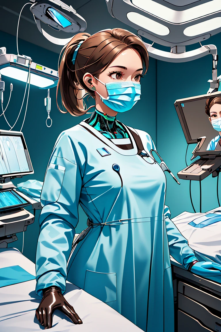 (RAW photo, best quality), 1girl, operating room, overhead surgical light, dslr, blurred background, focused,
 <lora:cyber_surg_v1.0-000006:0.8> cybr_surg, 1girl, solo, latex gloves, surgical mask,cybernetic outfit,long sleeves,
 <lora:Klaviana_V1.0-000006:0.5> (klaviana,brown hair, brown eyes,folded ponytail, 1990s (style)),