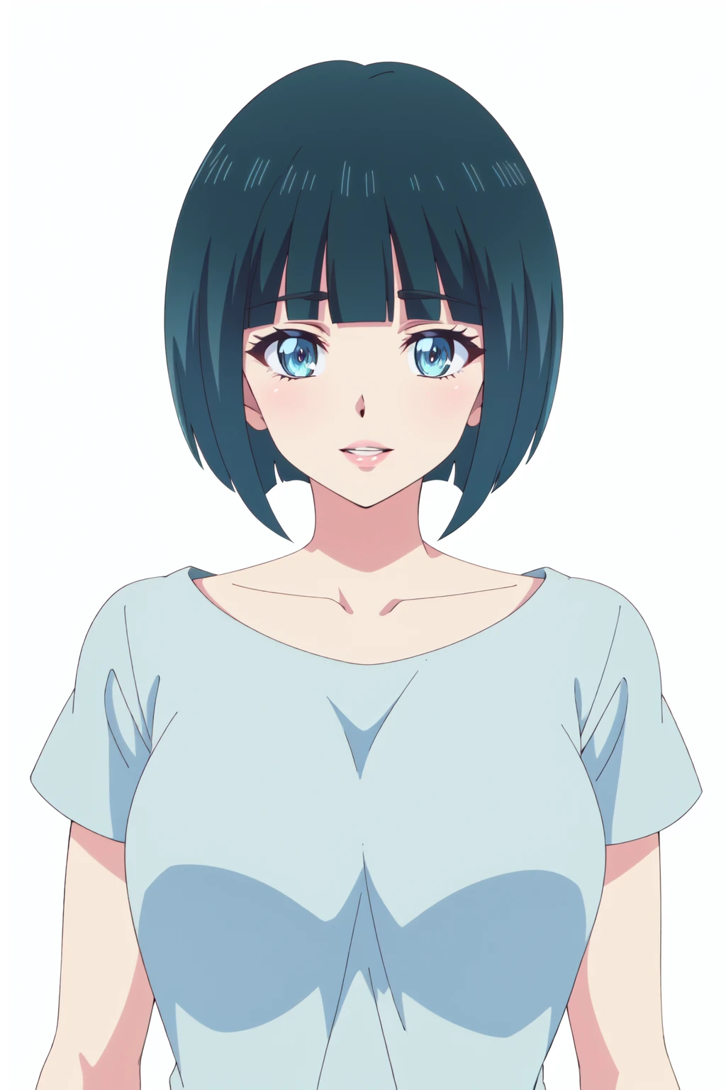 <lora:anime_screencap_v2:0.3>
portrait, solo focus, solo, close-up, (white background, plain background, simple background:1.3), looking at viewer, (parted lips:1.2)
<lora:cafe_short:0.8>cafe_short, 1girl, solo, short hair, smile, looking at viewer, blue eyes, bangs, collarbone, shirt, black hair, blunt bangs, upper body, closed mouth, bob cut, indoors, anime coloring, white shirt, portrait