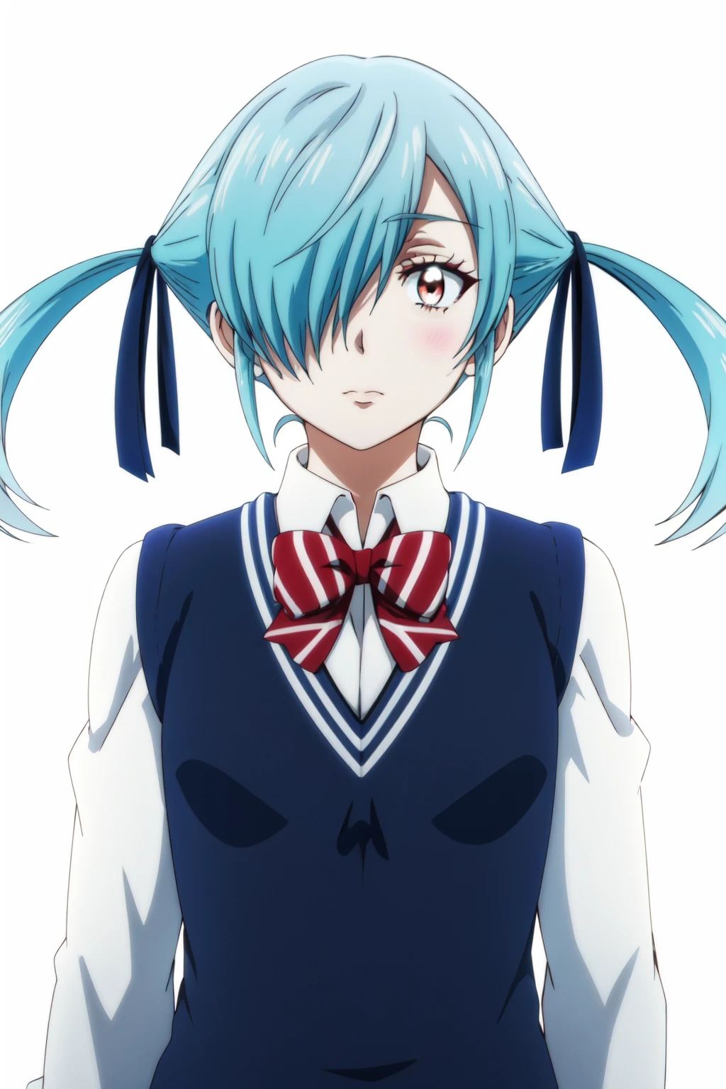 <lora:anime_screencap_v2:0.3>
portrait, solo focus, solo, close-up, (white background, plain background, simple background:1.3),
<lora:yamada_blue-03:1> yamada_blue, 1girl, hair over one eye, solo, twintails, ribbon, hair ribbon, school uniform, looking at viewer, bow, long hair, blue hair, brown eyes, red eyes, sweater vest, aqua hair, upper body, bowtie, anime coloring, parody