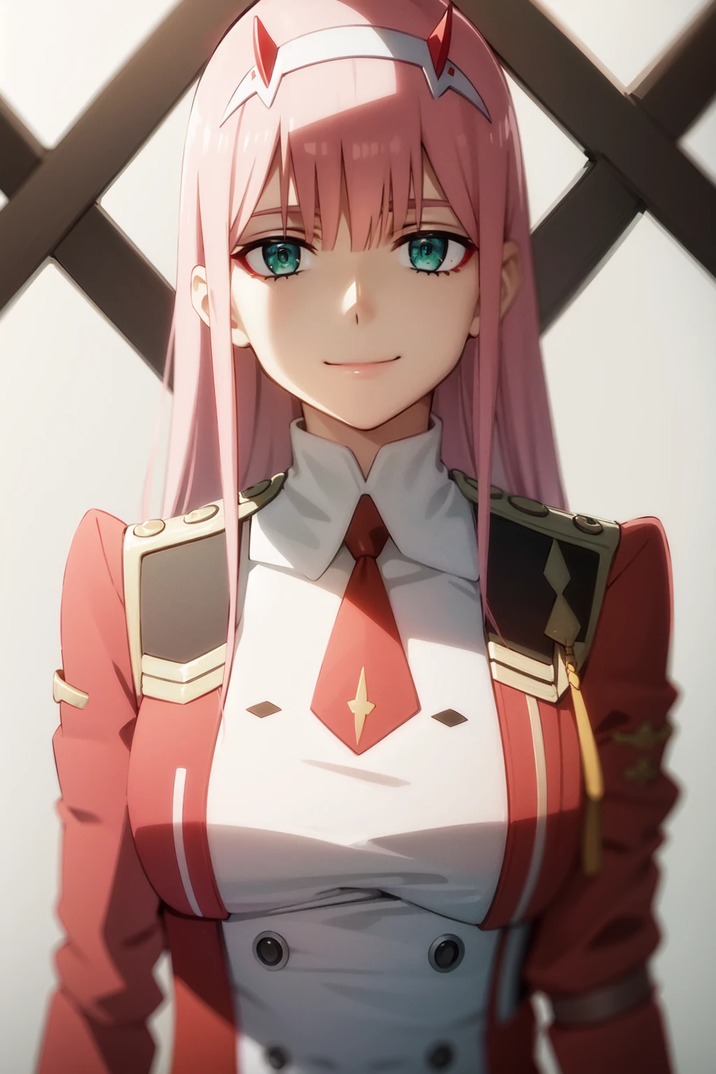 portrait, solo focus, solo, close-up, (white background, plain background, simple background:1.3),
<lora:darling_zerotwo-03:0.7> darling_02, 1girl, zero two (darling in the franxx), solo, long hair, pink hair, smile, horns, necktie, uniform, hairband, white hairband, looking at viewer, orange necktie, anime coloring, military uniform, short necktie, military, green eyes, upper body, window, aqua eyes, bangs, double-breasted, buttons, closed mouth, makeup