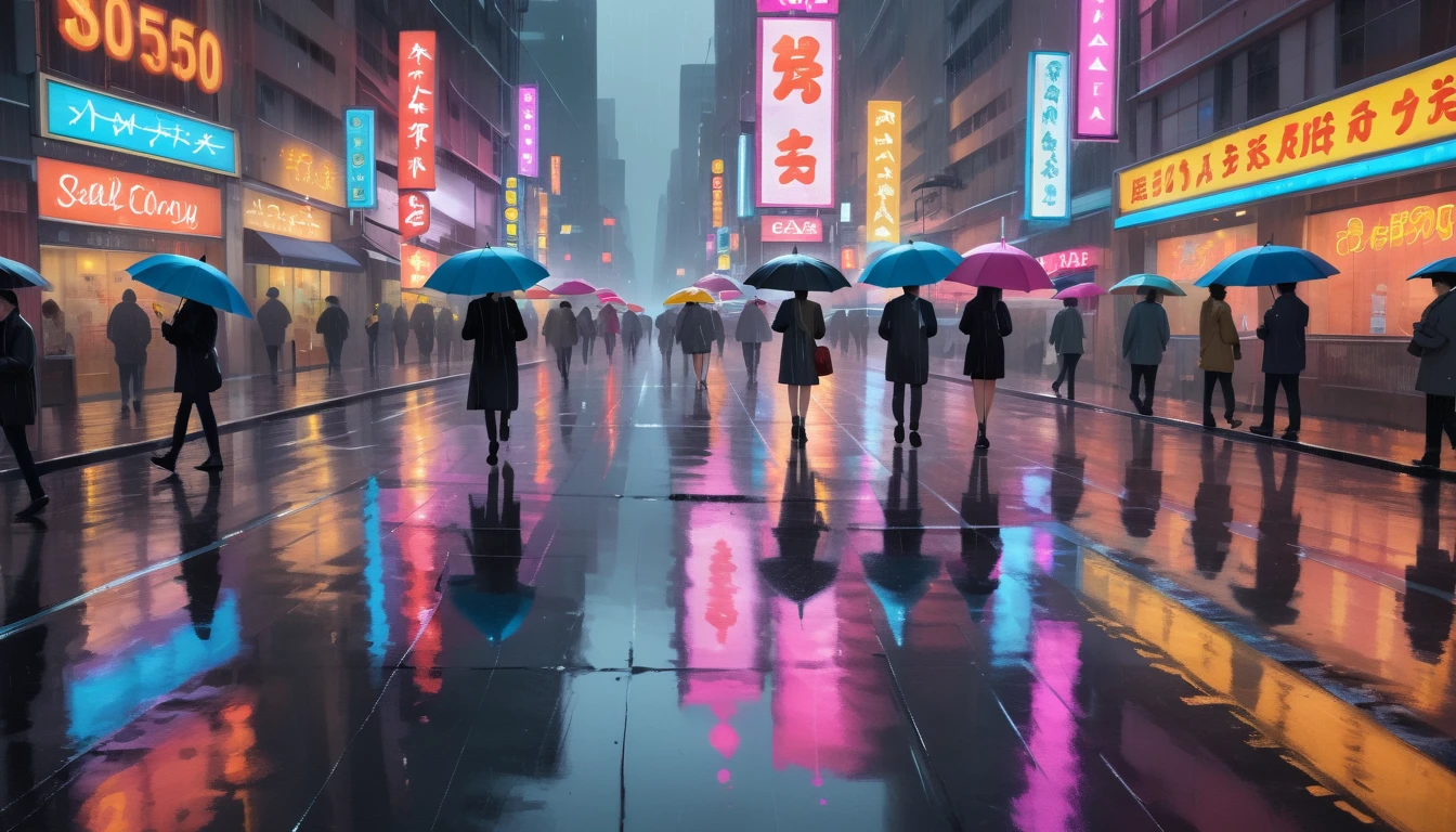 Bustling city street in the rain, pedestrians with umbrellas navigating puddles, neon signs reflecting on wet pavements, and the sound of raindrops blending with the city's hustle.