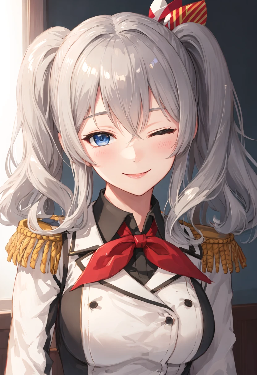 best quality, masterpiece, highres, solo, {kashima_kantaicollection:0.90}, smile, happy, one_eye_closed, portrait, looking at viewer